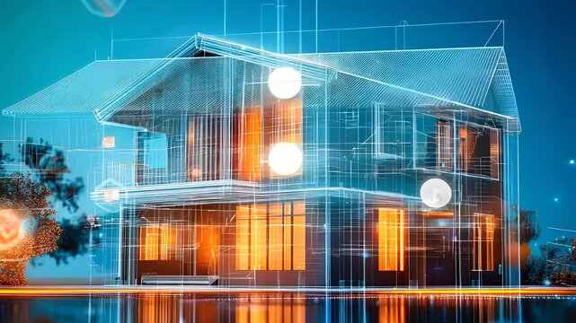 Holographic house design with glowing lines representing futuristic architecture and smart home technology innovation