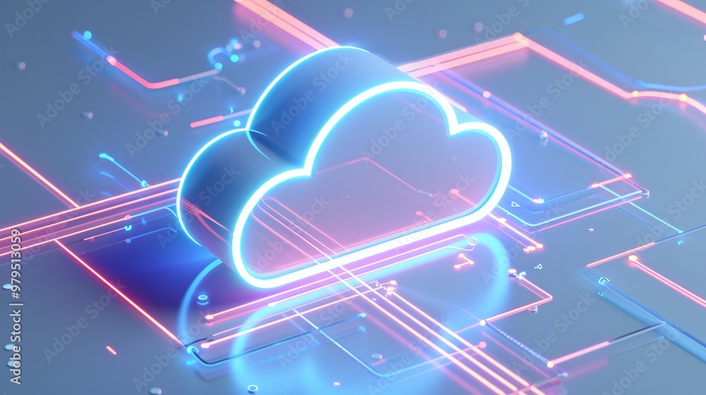 Poster stylish neon cloud symbol representing digital storage and connectivity in a futuristic tech environ