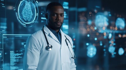 empowered afroamerican doctor in futuristic medical lab holographic patient data advanced healing technology warm professional aura