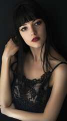 Naklejka premium A woman with long black hair and a black lace top poses for a photo