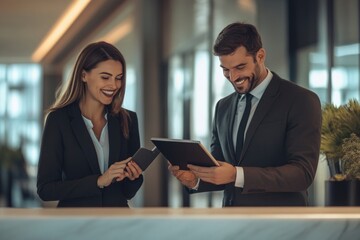 Business man and woman in suits smiling while using a tablet office modern collaboration.