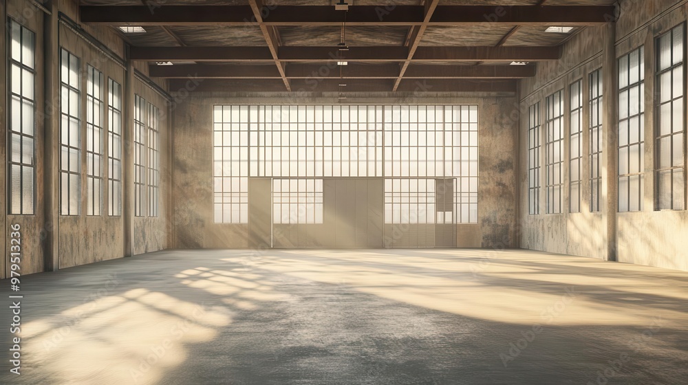 Poster empty warehouse interior with large windows and open shutter door 3d rendering