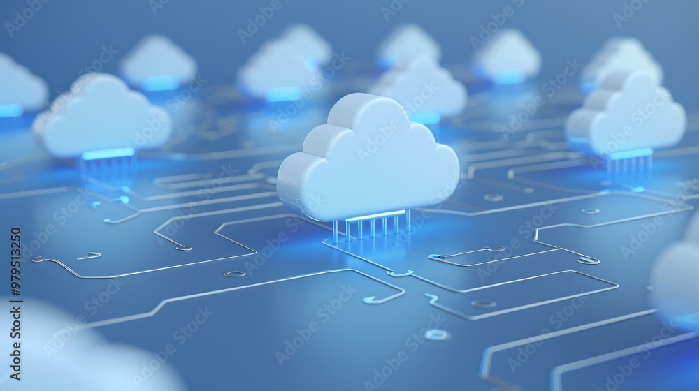 Poster stylized aerial view of cloud symbols connected to digital circuits, symbolizing cloud computing and