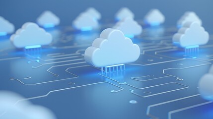 Fototapeta premium Stylized aerial view of cloud symbols connected to digital circuits, symbolizing cloud computing and technology integration.