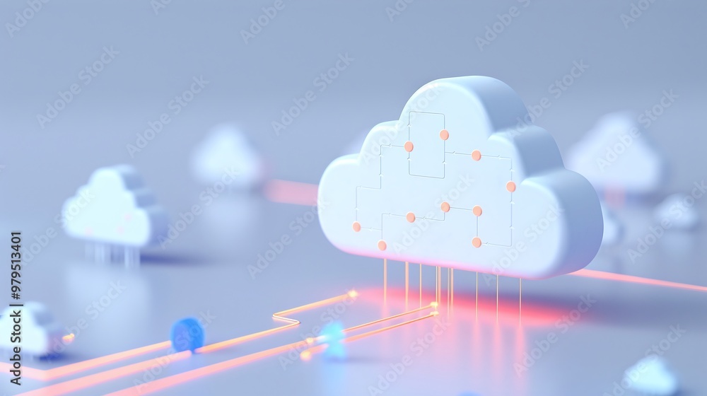 Poster stylized cloud computing concept with glowing connections, representing digital storage and data tra