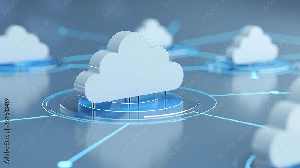 Poster stylized cloud computing concept with interconnected clouds and blue elements, representing modern d