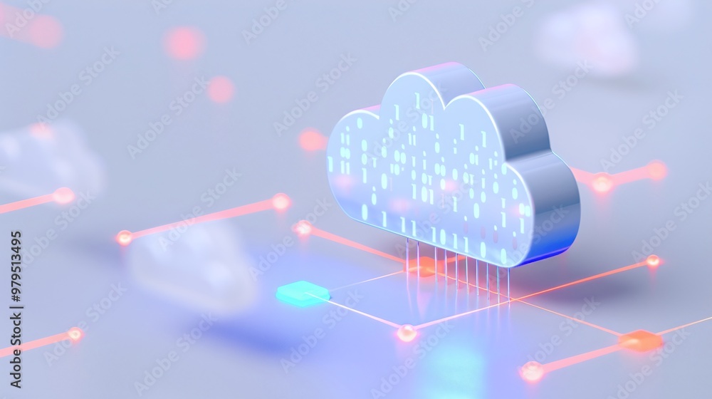 Poster stylized cloud computing illustration featuring digital data transfer and modern technology concepts
