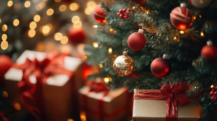 enchanted christmas scene majestic decorated tree surrounded by beautifully wrapped gifts twinkling lights and soft focus ornaments creating magical holiday atmosphere