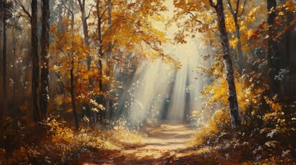 Obraz premium Sunbeams Illuminating a Path Through an Autumnal Forest
