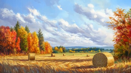 Autumnal Landscape with Hay Bales and a Blue Sky