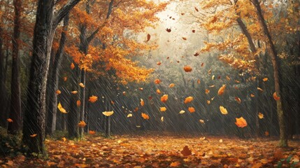 Golden Leaves Falling in a Rain-Soaked Autumn Forest