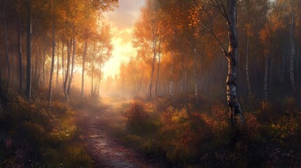 Obraz premium Sunlit Path Through Misty Autumn Forest