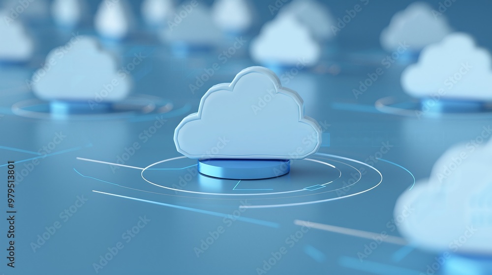 Poster stylized cloud icons on a blue background, representing digital storage and data networking concepts