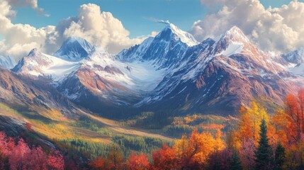 Fototapeta premium Majestic Snow-Capped Mountains with Autumnal Forest in Foreground