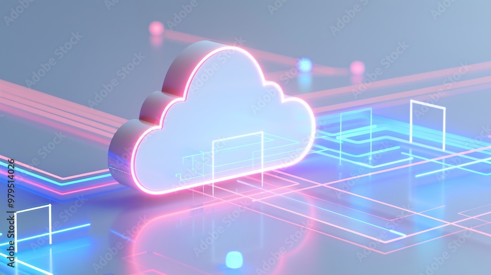 Aufkleber stylized cloud symbol representing cloud computing with vibrant neon lines on a modern digital backg