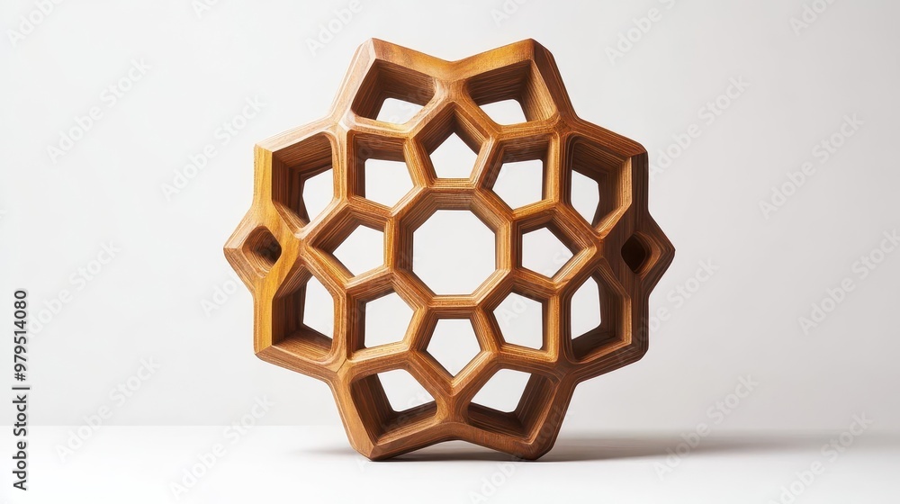 Poster enchanting 3d hexagonal wooden sculpture intricate geometric patterns warm autumn colors soft lighti