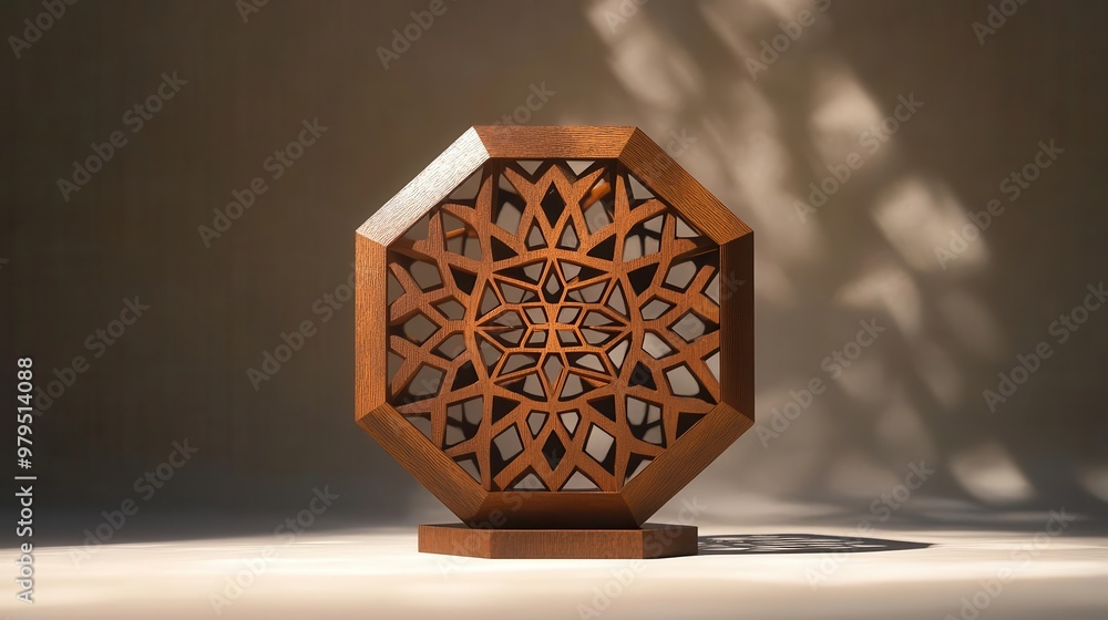 Poster enchanting 3d hexagonal wooden sculpture intricate geometric patterns warm autumn colors soft lighti