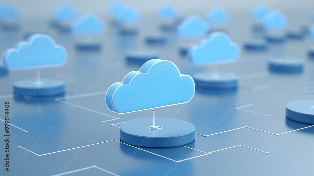 Poster stylized digital clouds representing cloud computing and interconnected network technology in a mode