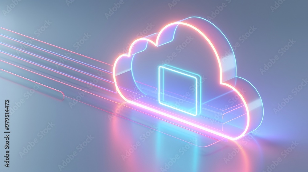 Poster stylized glowing cloud symbol representing cloud computing and data transfer in a digital environmen