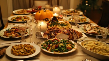 A Festive Table Spread with Roasted Turkey, Stuffing, and Other Thanksgiving Dishes