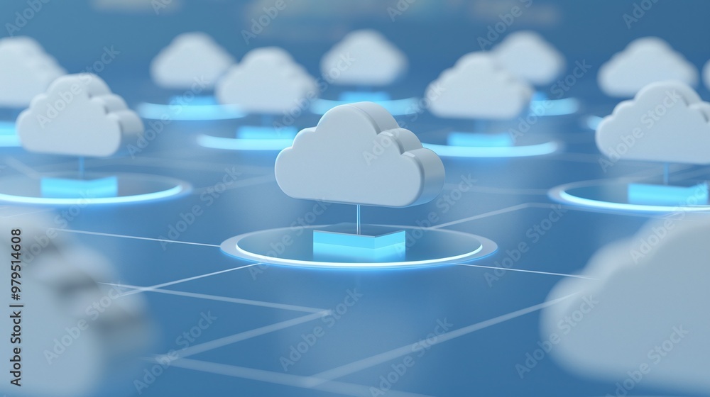 Poster stylized illustration of cloud computing, featuring multiple clouds connected in a digital network o