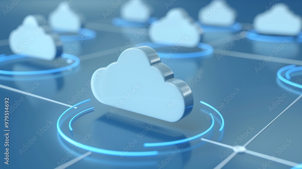 Aufkleber stylized representation of cloud computing with blue clouds connected in a digital network, symboliz