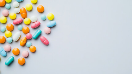 A bunch of colorful vitamin pills against a plain white backdrop.
