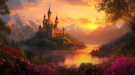 Naklejka premium enchanting fairy tale castle at dusk dreamy landscape digital painting