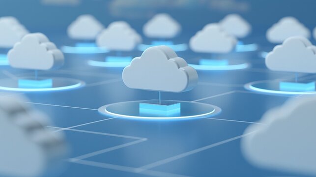 Stylized illustration of cloud computing, featuring multiple clouds connected in a digital network on a blue background.