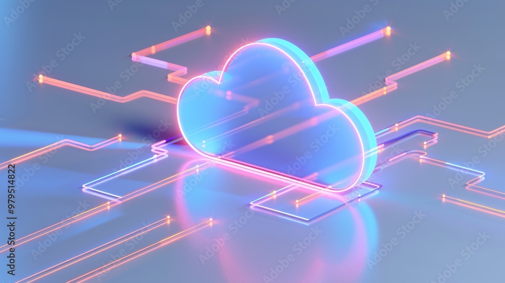 Wall mural vibrant cloud graphic with neon accents symbolizing digital storage and connectivity in modern techn