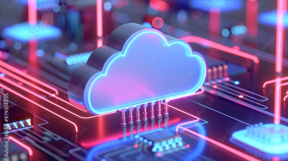 Poster vibrant cloud computing concept featuring a glowing cloud icon on a circuit board, symbolizing digit