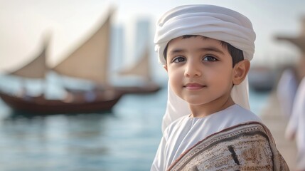 Traditional Kuwaiti Child in Dishdasha with Arabian Gulf Backdrop and Dhow Boats, Full-Body Pose