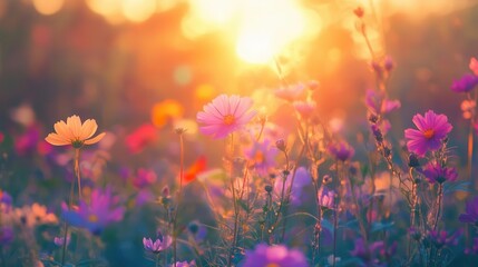 Obraz premium enchanting meadow of wildflowers at sunset dreamy floral landscape photography