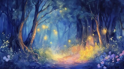 enchanting mystical forest at night with glowing fairy lights watercolor painting