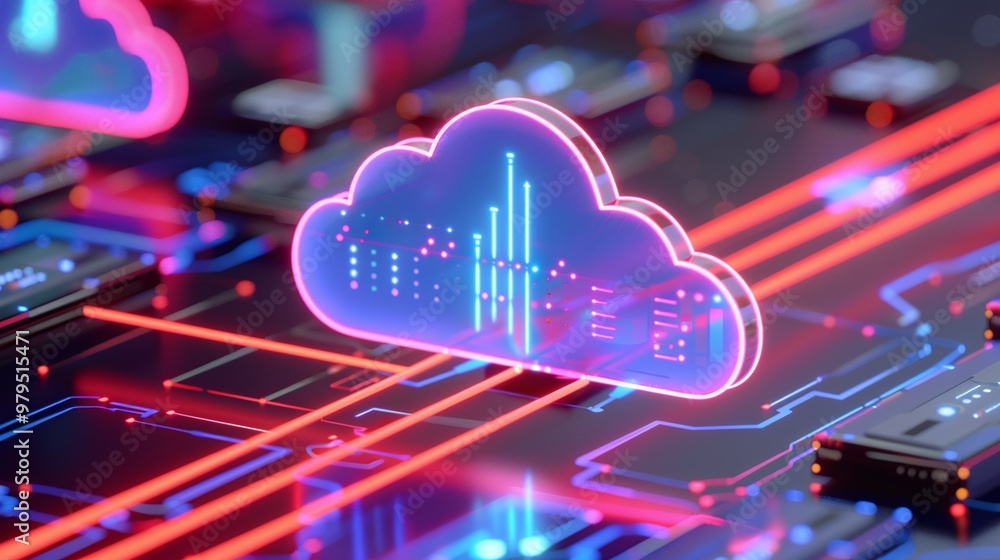 Poster vibrant digital cloud symbol on a circuit board, representing modern cloud computing and data storag