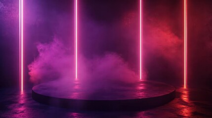 enigmatic dark stage illuminated by neon lights and drifting smoke moody product display background with industrial texture 3d illustration