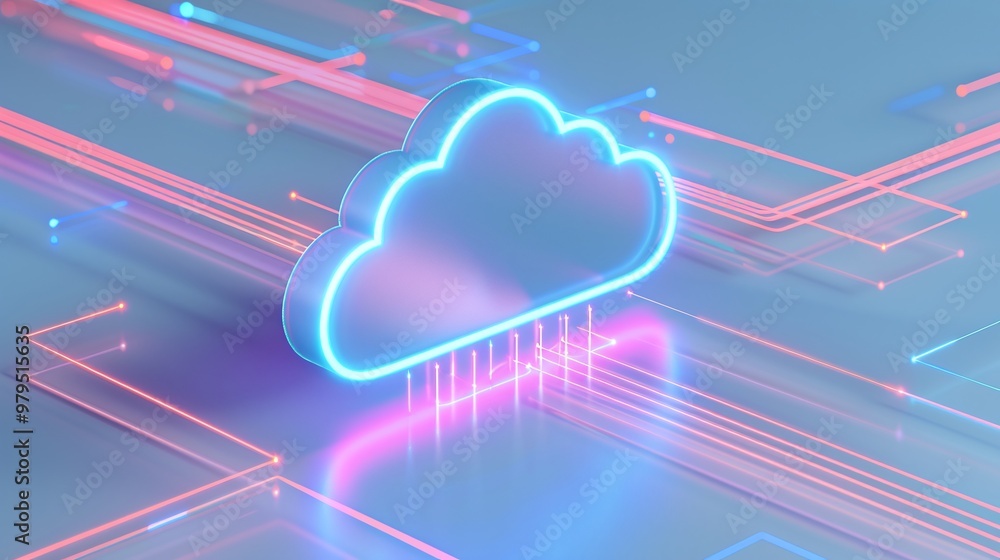 Poster vibrant digital cloud with neon lines representing data flow and connectivity in a modern tech envir