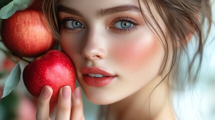 A young woman with blue eyes and rosy cheeks holds a red apple.