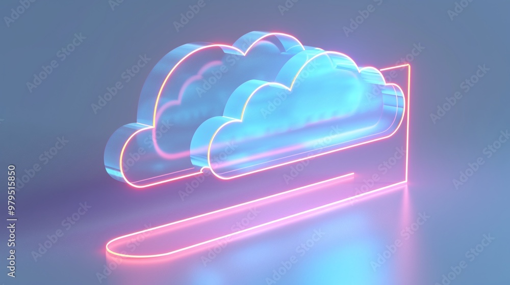 Sticker vibrant neon cloud design with glowing edges on a minimalistic background, embodying modern digital 