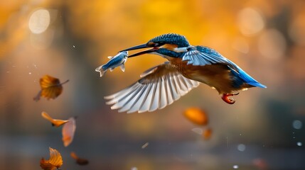 Fototapeta premium Kingfisher in Flight with Fresh Fish Catch: A Dynamic Wildlife Moment