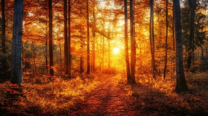 Fototapeta premium Sunbeams illuminating a path through a golden autumn forest