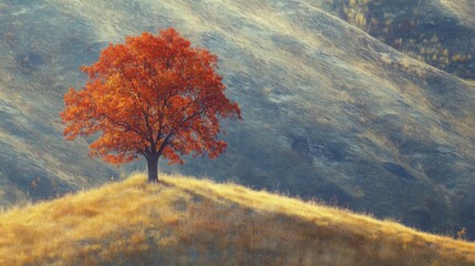 Solitary Red Tree on a Golden Hillside