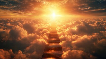 ethereal stairway ascending through clouds radiant golden light symbolic journey of faith and enlightenment spiritual atmosphere heavenly vista