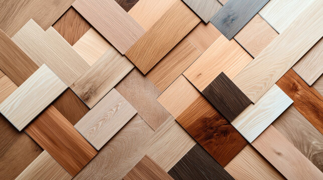 A variety of wooden flooring samples arranged in a herringbone pattern, showcasing different wood textures and shades ranging from light to dark tones.
