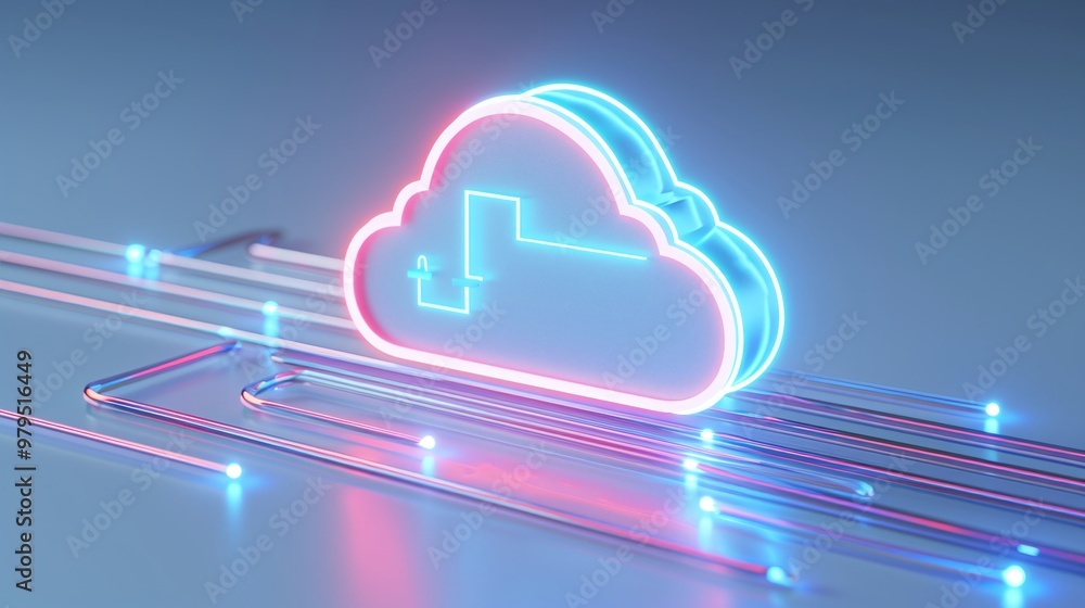 Poster vibrant neon cloud symbol with data upload graphic, ideal for illustrating cloud computing and digit