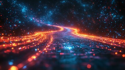 Obraz premium Electric neon pathways leading toward a distant digital horizon with glowing stars and circuits