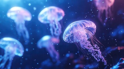 ethereal underwater scene with bioluminescent jellyfish shimmering particles dance in deep blue abyss creating dreamlike aquatic atmosphere