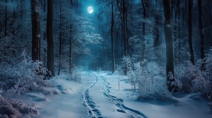 ethereal winter wonderland moonlit forest path with shimmering snow delicate boot prints winding through silvery trees mystical blue glow illuminating the scene