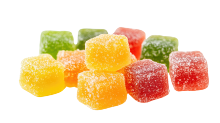 A vibrant assortment of colorful jelly candies including jelly beans and gummy treats, displayed on a clean white background