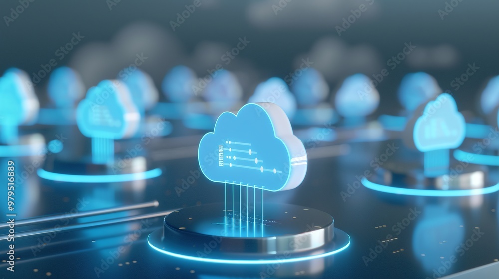 Poster visual representation of cloud technology with glowing icons demonstrating data flow in a digital la